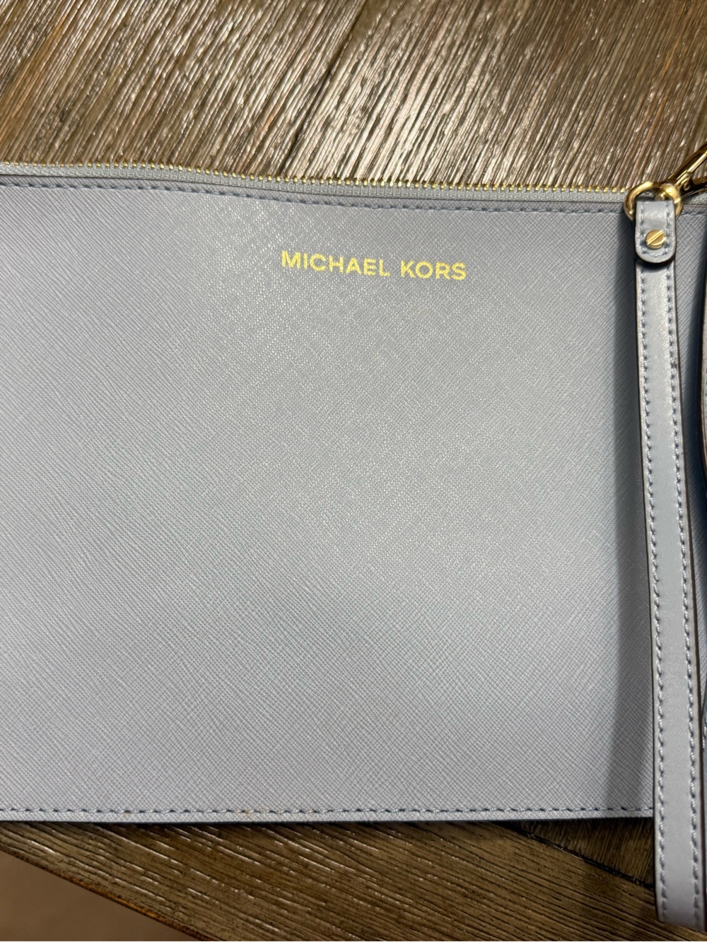 Michael Kors Light Gray Saffiano Wristlet Clutch with Gold Logo